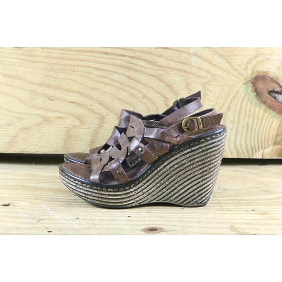 Born Sandals Womens 7 Brown Leather Platform Wedge 38 Genesis Buckle Shoes - Picture 1 of 7